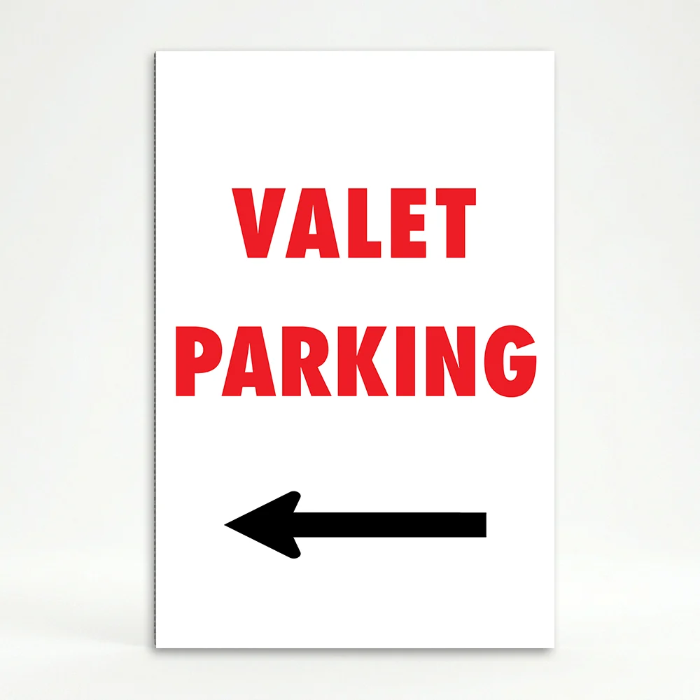 Valet Parking sign with bold red text and left-pointing black arrow on white background