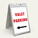 Valet Parking sign with bold red text and left-pointing black arrow on white background