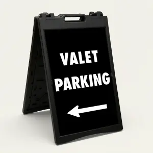 Valet Parking sign with bold white text and left-pointing arrow on black background