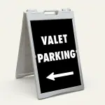 Valet Parking sign with bold white text and left-pointing arrow on black background