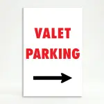 Valet Parking sign with bold red text and right-pointing black arrow on white background