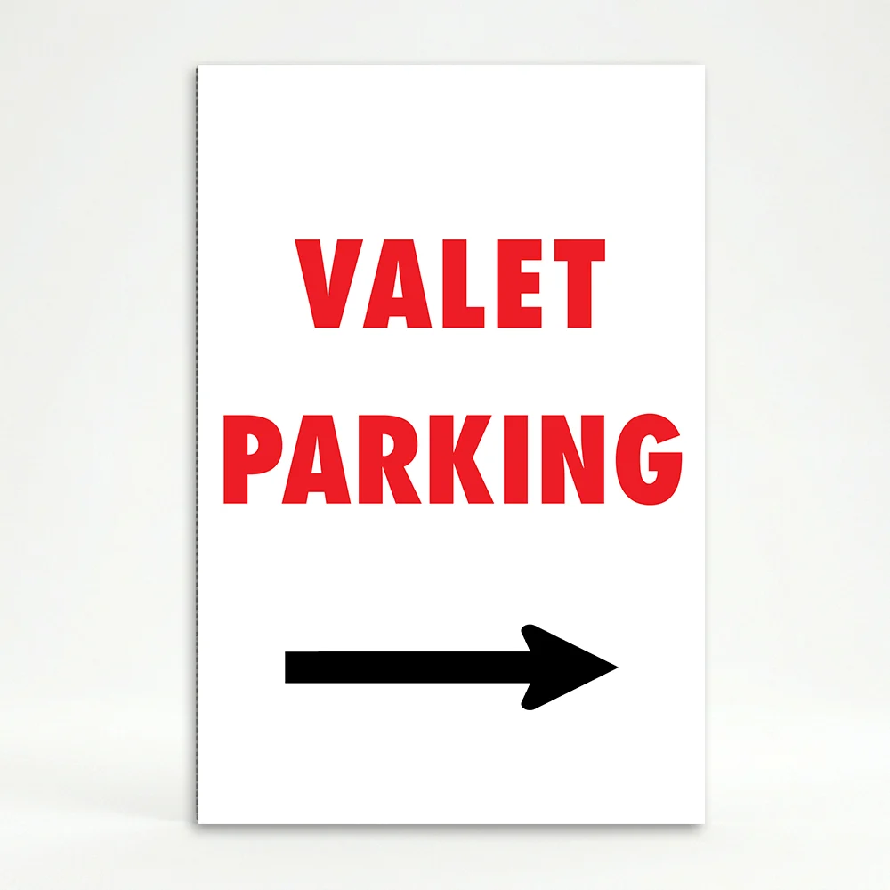 Valet Parking sign with bold red text and right-pointing black arrow on white background