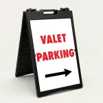 Valet Parking sign with bold red text and right-pointing black arrow on white background