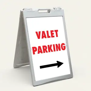 Valet Parking sign with bold red text and right-pointing black arrow on white background