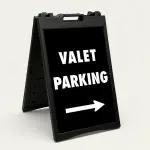 Valet Parking sign with bold white text and right-pointing arrow on black background