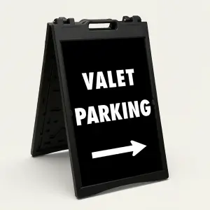 Valet Parking sign with bold white text and right-pointing arrow on black background