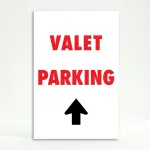 Valet Parking sign with bold red text and upward-pointing black arrow on white background