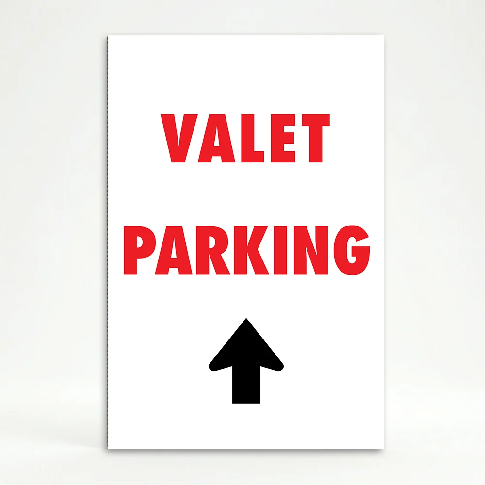 Valet Parking sign with bold red text and upward-pointing black arrow on white background