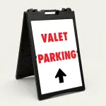 Valet Parking sign with bold red text and upward-pointing black arrow on white background