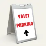 Valet Parking sign with bold red text and upward-pointing black arrow on white background