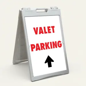 Valet Parking sign with bold red text and upward-pointing black arrow on white background