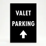 Valet Parking sign with bold white text and upward-pointing arrow on black background