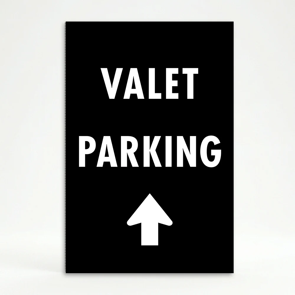 Valet Parking sign with bold white text and upward-pointing arrow on black background
