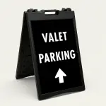 Valet Parking sign with bold white text and upward-pointing arrow on black background