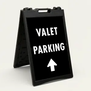 Valet Parking sign with bold white text and upward-pointing arrow on black background