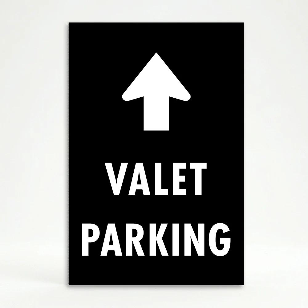 Valet Parking sign with large upward white arrow above bold white text on black background