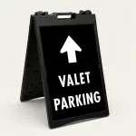 Valet Parking sign with large upward white arrow above bold white text on black background