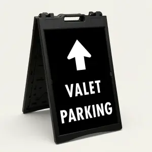 Valet Parking sign with large upward white arrow above bold white text on black background