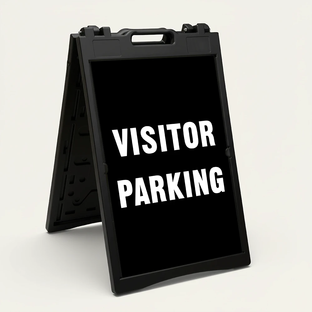 Visitor Parking sign with bold white text on black background