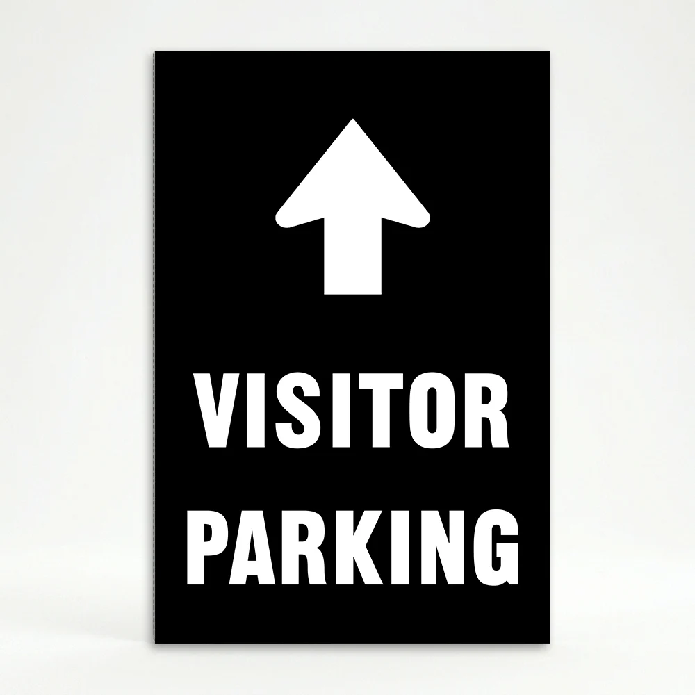 Visitor Parking sign with large upward white arrow above bold white text on black background