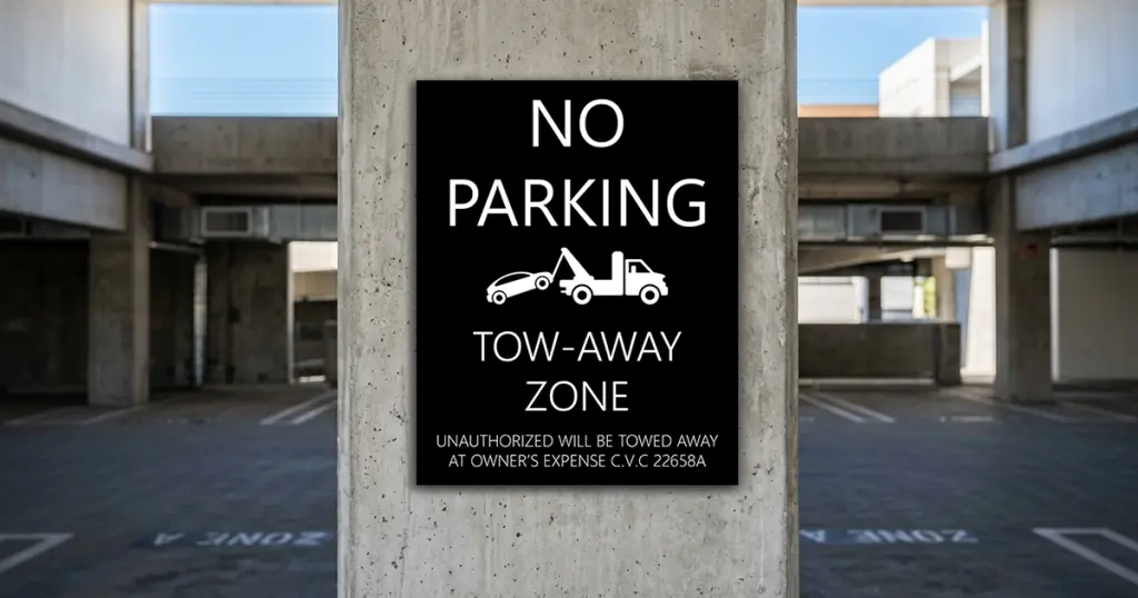 Private property no parking tow-away sign mounted on a wall at a Los Angeles parking lot