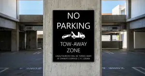 Private property no parking tow-away sign mounted on a wall at a Los Angeles parking lot