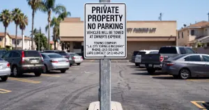Tow-away private property sign with LAPD contact and towing company information in a Los Angeles parking lot