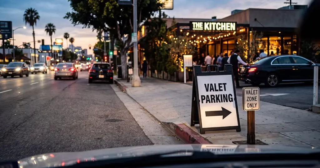 Valet Parking and Valet Zone Only signs positioned at a restaurant driveway entrance in Los Angeles