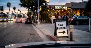 Valet Parking and Valet Zone Only signs positioned at a restaurant driveway entrance in Los Angeles