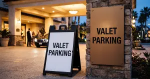 Valet parking A-frame and permanent signage at a Los Angeles hotel entrance