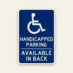 handicap parking available in back sign ADA accessible rear parking directional sign