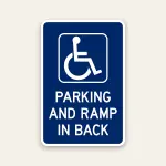 handicap parking and ramp in back sign ADA accessible parking and ramp directional sign