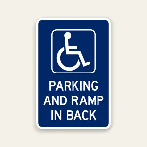 handicap parking and ramp in back sign ADA accessible parking and ramp directional sign