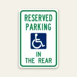 Reserved handicap parking in the rear sign with ADA symbol