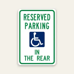 Reserved handicap parking in the rear sign with ADA symbol