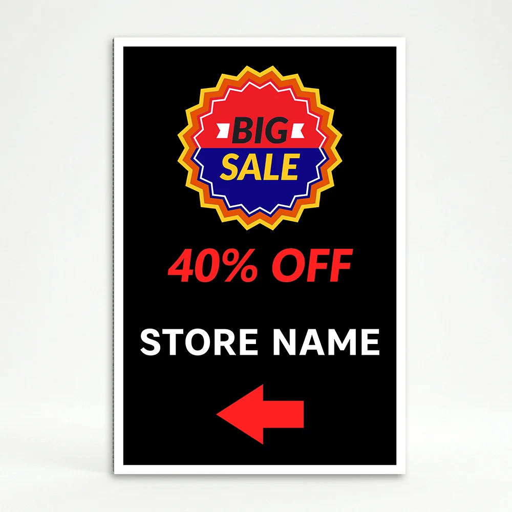 Custom big sale directional A-frame sign with starburst badge and red arrow for Los Angeles retail storefront