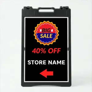 Custom big sale directional A-frame sign with starburst badge and red arrow for Los Angeles retail storefront