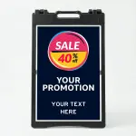 Custom sale circle badge promotion A-frame sign with navy background for Los Angeles retail storefront