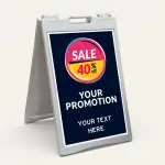 Custom sale circle badge promotion A-frame sign with navy background for Los Angeles retail storefront