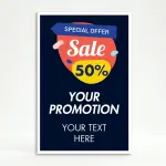 Custom special offer confetti badge A-frame sign with orange sale bubble and navy background for Los Angeles retail storefront