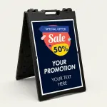 Custom special offer confetti badge A-frame sign with orange sale bubble and navy background for Los Angeles retail storefront