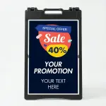 Custom special offer confetti badge A-frame sign with orange sale bubble and navy background for Los Angeles retail storefront
