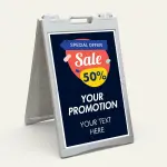 Custom special offer confetti badge A-frame sign with orange sale bubble and navy background for Los Angeles retail storefront