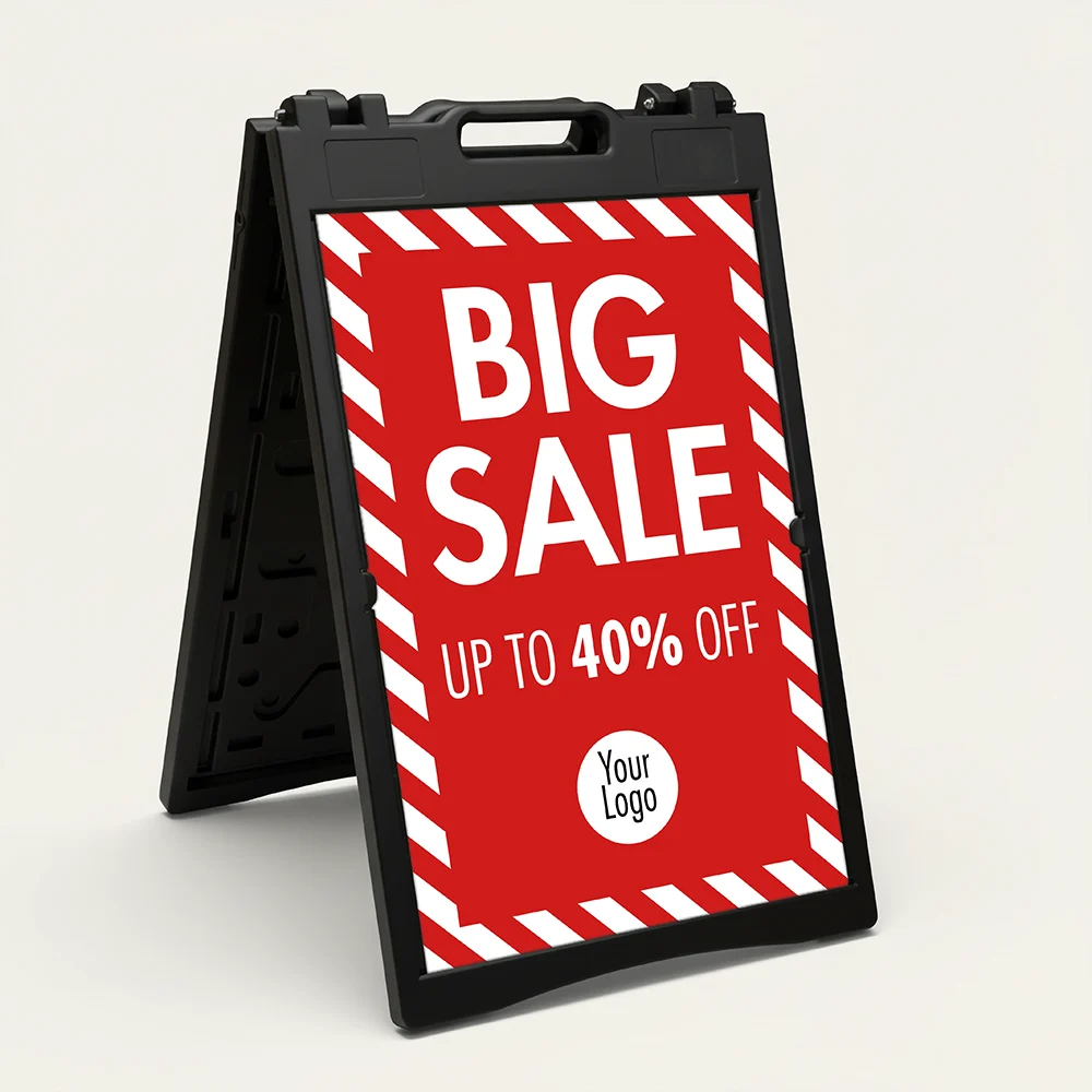 Custom big sale stripe border A-frame sign with red panel and white frame for Los Angeles retail storefront