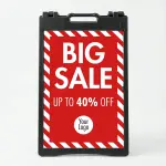 Custom big sale stripe border A-frame sign with red panel and white frame for Los Angeles retail storefront