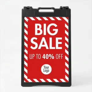 Custom big sale stripe border A-frame sign with red panel and white frame for Los Angeles retail storefront
