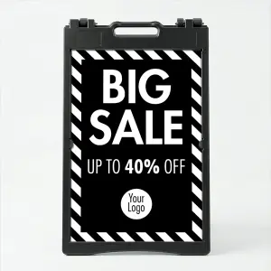 Custom big sale stripe border A-frame sign with black panel and white frame for Los Angeles retail storefront