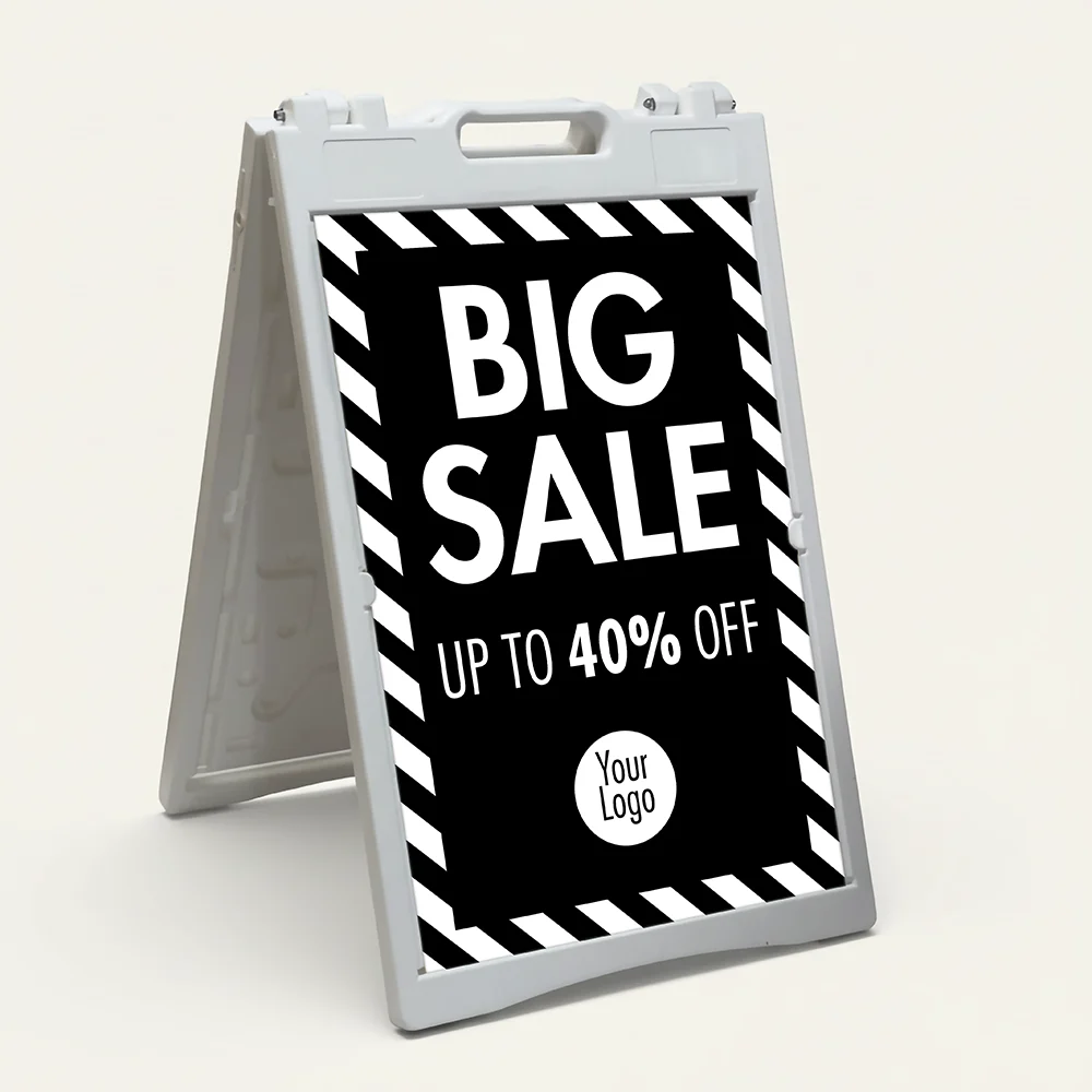 Custom big sale stripe border A-frame sign with black panel and white frame for Los Angeles retail storefront
