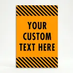 Custom text hazard stripe A-frame sign with orange panel and black diagonal stripes in white frame for Los Angeles business or construction site