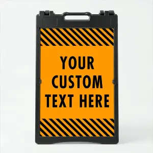 Custom text hazard stripe A-frame sign with orange panel and black diagonal stripes in white frame for Los Angeles business or construction site